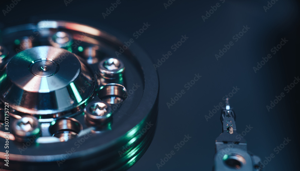 Poster Close up detail of an open hard disk background. Macro photography view.