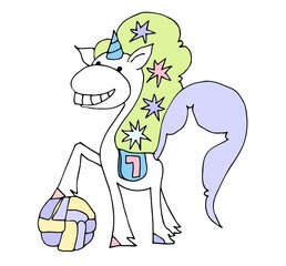 Cute fabulous unicorn isolated on a white background. Unicorns with a ball and stars in her hair.	