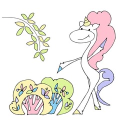 Cute fabulous unicorn isolated on a white background. Unicorns cares for plants.	