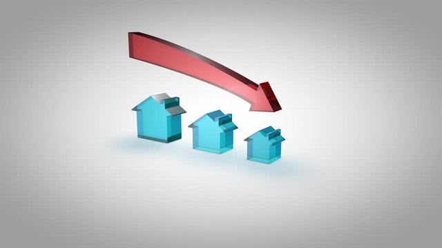 3d animation video of glass houses decreasing in size and a downward glass arrow