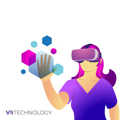 Vector illustration of female wearing VR goggle, Virtual Reality Technologies