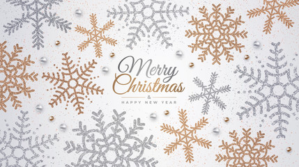 Happy New Year and Merry Christmas. Realistic background with golden and silver snowflakes. Vector holiday illustration for banner, postcard, website