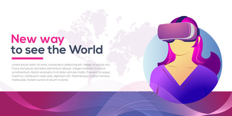 Virtual reality technology landing page template with Female wearing VR goggle