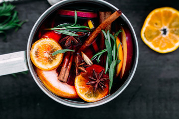 Hot red wine mulled wine with citruses and spices