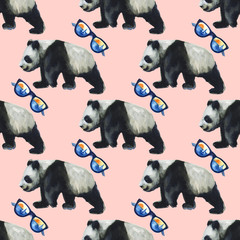 Watercolor seamless pattern with panda hand drawing decorative background. Print for textile, cloth, wallpaper, scrapbooking