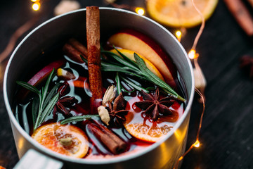 Hot red wine mulled wine with citruses and spices