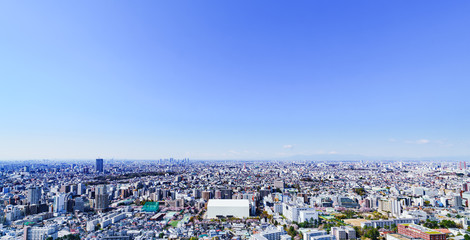 Obraz premium 都市風景 東京 関東 日本 パノラマ ハイアングル 鳥瞰図 快晴 青空 都市 ビジネス 不動産 首都