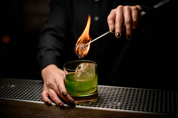 Fototapeta na wymiar Female bartender serving green alcoholic cocktail in the glass adding lemon slice with twezzers burning it