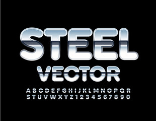 Vector Steel Font. Glossy Silver Alphabet. Metallic Letters, Numbers and Symbols