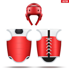 Taekwondo equipment set. Helmet with bodyguard. Front and back view. Red Color. Fighting Sport Equipment. Editable Vector illustration Isolated on white background.
