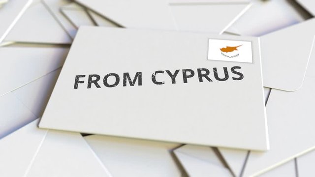 Letter with From Cyprus text on pile of other Letters. International mail related conceptual 3D animation