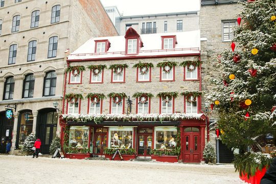 Quebec, Canada - December 21, 2016:  Rue du Petit-Champlain on 21 December, 2016 in Quebec City, Quebec, Canada. Historic District of Quebec City.