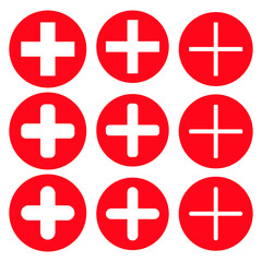 Plus, add, zoom in, cross, positive, icon Shape set. Hospital first aid logo symbol sign collection. Web app ui button. Vector illustration image. Isolated on white background.