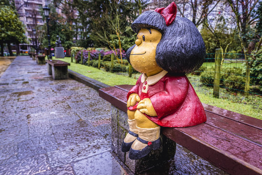 Oviedo, Spain - January 25, 2019: Mafalda comic character created by Pablo Irrgang in San Francisco Park, central park of Oviedo city