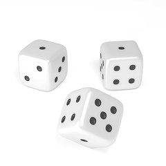 Realistic white dice in different positions isolated on white background with clipping path. Hobbies, professional occupations.Collection different dice casino gambling, 3d illustration