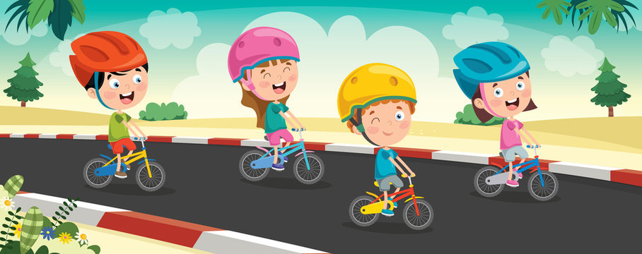 Happy Little Children Riding Bicycle