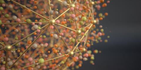 abstract connection interface with lines and dots 3D rendering.abstract golden atom close up as a scientific background.Elementary particles in atom. Physics concept. 3D render.