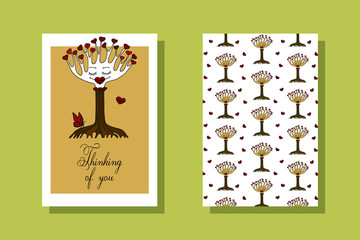 Thinking of you - card. decorative tree of love with hearts. eps10 vector illustration. hand drawing