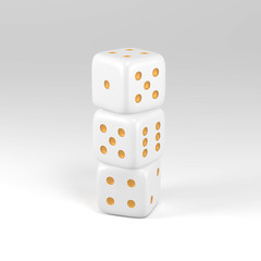 White dice & gold dot in different positions isolated on white background with clipping path. Hobbies, professional occupations.Collection different realistic dice casino gambling, 3d illustration