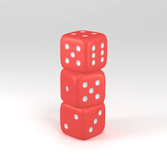 Red dice & white dot in different positions isolated on white background with clipping path. Hobbies, professional occupations.Collection different realistic dice casino gambling, 3d illustration