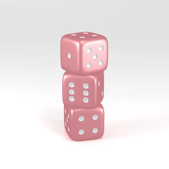 Rose gold dice & white dot in different positions isolated on white background with clipping path. Hobbies, professional occupations.Collection different realistic dice casino gambling, 3d render