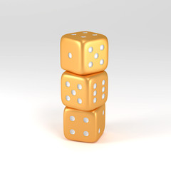 Gold dice & silver dot in different positions isolated on white background with clipping path. Hobbies, professional occupations.Collection different realistic dice casino gambling, 3d illustration