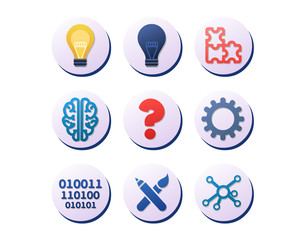 Set of icons for ideas, innovation and inspiration in circles depicting computing, a human brain, light bulbs, question mark, art, puzzle pieces industrial gear and science, vector illustration