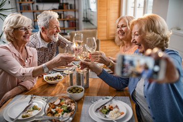 Cheerful mature people taking selfie while toasting with wine during a lunch a t home.