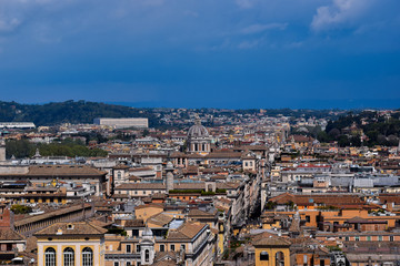 Aerial view across a colorful city