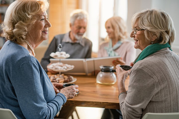 Smiling senior woman drinking tea and talking to each other at home.