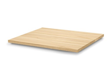 Empty light wooden shelves or counter top isolated on white background with clipping path. Highly detailed resolution on top view for any design. Use as products display montage.Vintage style concept.