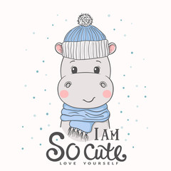 Cute hippo face with knitted cap, scarf. Winter time. I am So Cute slogan. Vector illustration design for t-shirt graphics, fashion prints