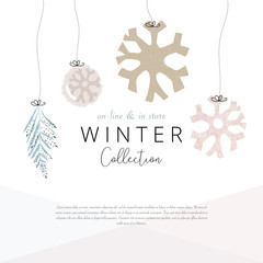 Social media banner template for advertising winter arrivals collection or seasonal sales promotion. Cute hand drawn background with Christmas tree decoration elements imitating watercolor paintings