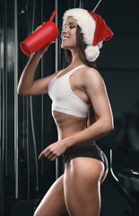 Fitness woman in Santa Claus costume in the gym