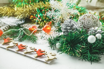 Set of ornaments for the Christmas tree. Homemade wreaths and garlands to decorate the house for the holiday