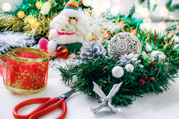 Set of ornaments for the Christmas tree. Homemade wreaths and garlands to decorate the house for the holiday