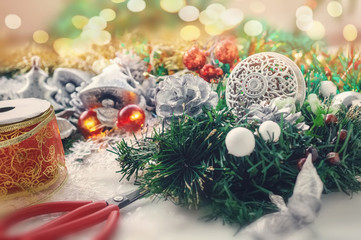 Set of ornaments for the Christmas tree. Homemade wreaths and garlands to decorate the house for the holiday