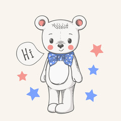 Cute bear boy with bow tie. Cartoon vector illustration