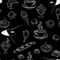 woman, coffee, ice cream, bakery , food, drink, fashion white vector seamless pattern on black background 