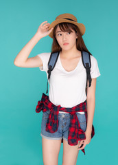 Fototapeta premium Beautiful young asian woman upset and worry travel summer trip in abroad isolated on blue background, tourist asia girl having problem and stress journey in vacation for leisure, holiday concept.