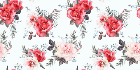 Nahtloses Blumenmuster mit Blumen auf hellem Hintergrund, Aquarell. Vorlagendesign für Textilien, Interieur, Kleidung, Tapeten. Botanische Kunst
