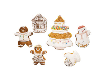 Glazed Christmas cookies, traditional gingerbread. Decorated with Christmas decorations