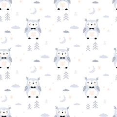 Seamless pattern with cute doodle owl. Texture background in scandinavian style.