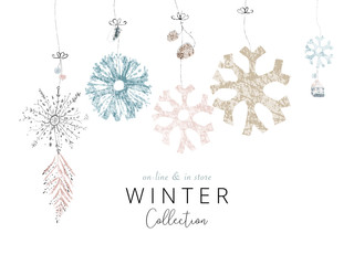 Social media banner template for advertising winter arrivals collection or seasonal sales promotion. Cute hand drawn background with Christmas tree decoration elements imitating watercolor paintings