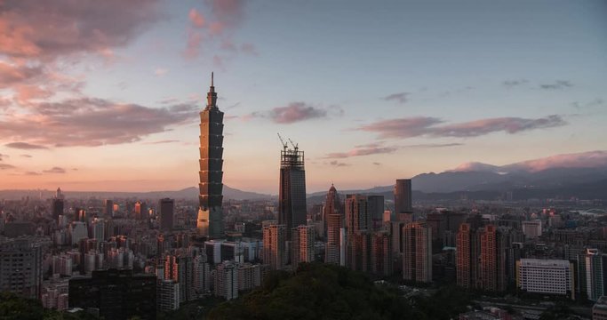 Dramatic skyline of Taipei, Taiwan, Republic of China with Taipei 101 and other buildings. Day to night time lapse of one of tallest skyscrapers in the world with beautiful sunset and epic clouds.