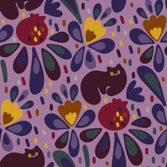 Seamless vector design with colorful pomegranates, cats and flowers. The design is suitable for children clothes, wallpaper, stationary, sheets as well as for wrapping paper. 