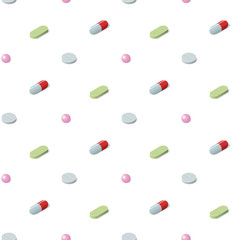 Seamless pattern with different medical pills, tablets, capsules. Isometric medical background.