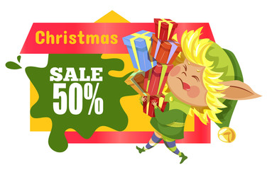 Christmas sale 50 percent discount poster with elf cartoon character carrying gift box. Shopping label special promotion and fairy helper holding present. Winter holiday card with Xmas hero vector