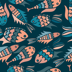Seamless vector pattern with colorful stylized fish. The design is perfect for wallpaper, backgrounds, wrapping paper, sheets, clothes, stationery and decorations. 