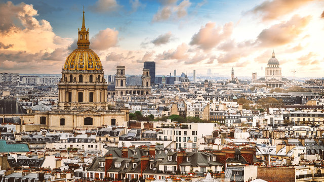 Aerial view of the Les Invalides and the Pantheon in Paris, France.